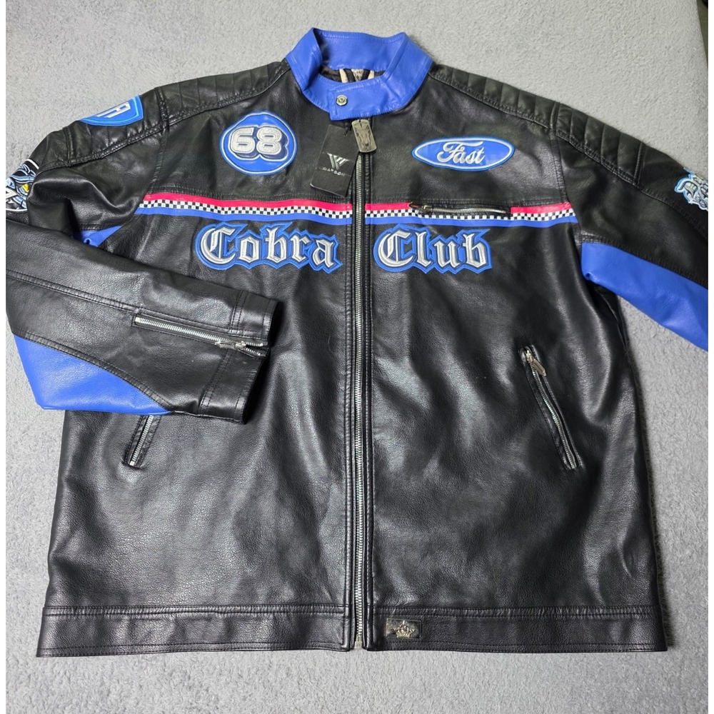 Watson Mens 4XL Racing Jacket Black Blue Cobra Club Embroidered Faux Leather